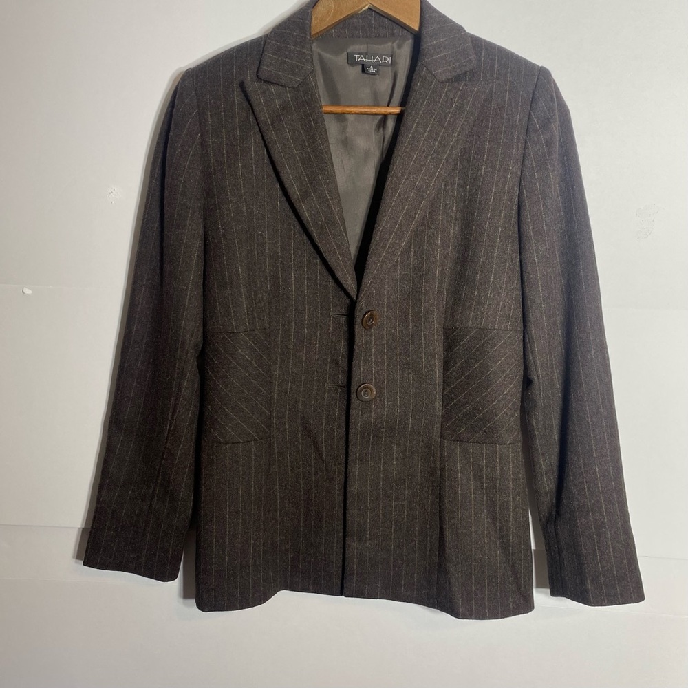Tahari Women’s Brown Wool, Angora & Alpaca Blend Pinstripe Blazer Jacket